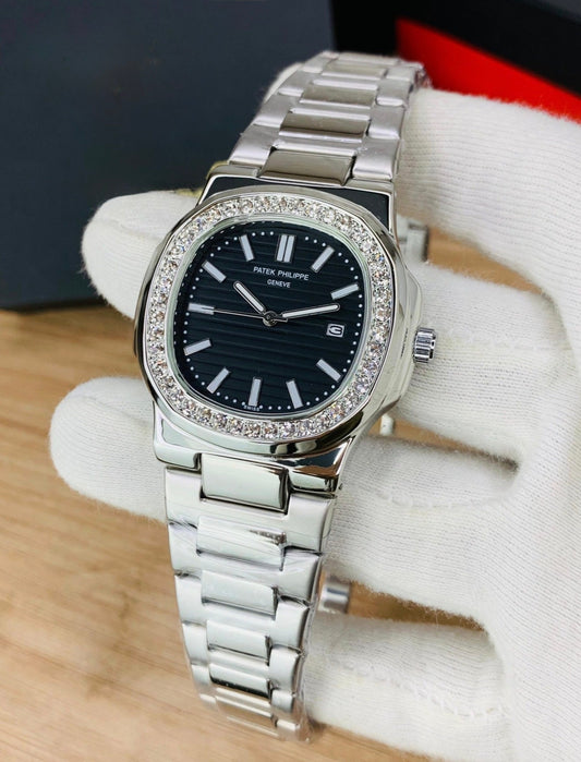 PP Silver - Black Dial - Diamond Bezel
