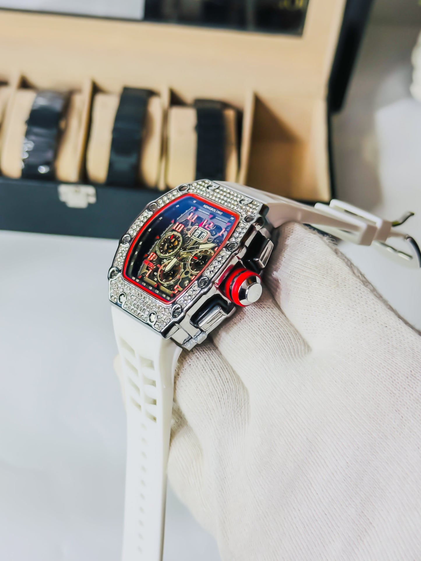 RM Diamond Bezel - Premium Chronograph - White Strap Edition