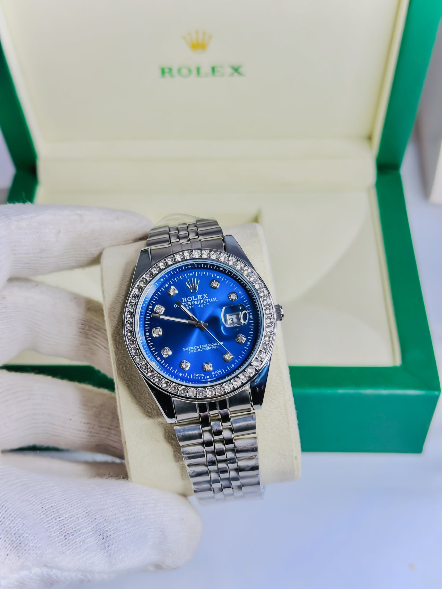 Date Just Silver - Blue Dial - Diamond Bezel