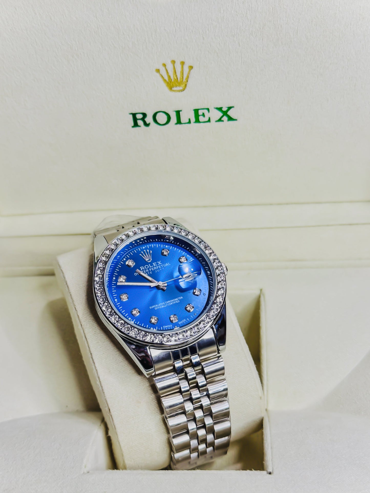 Date Just Silver - Blue Dial - Diamond Bezel
